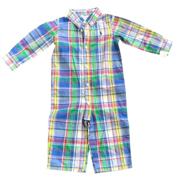 Ralph Lauren Baby Boys Classic Plaid Coverall One piece Blue Multicolor 9M NEW - Picture 10 of 10